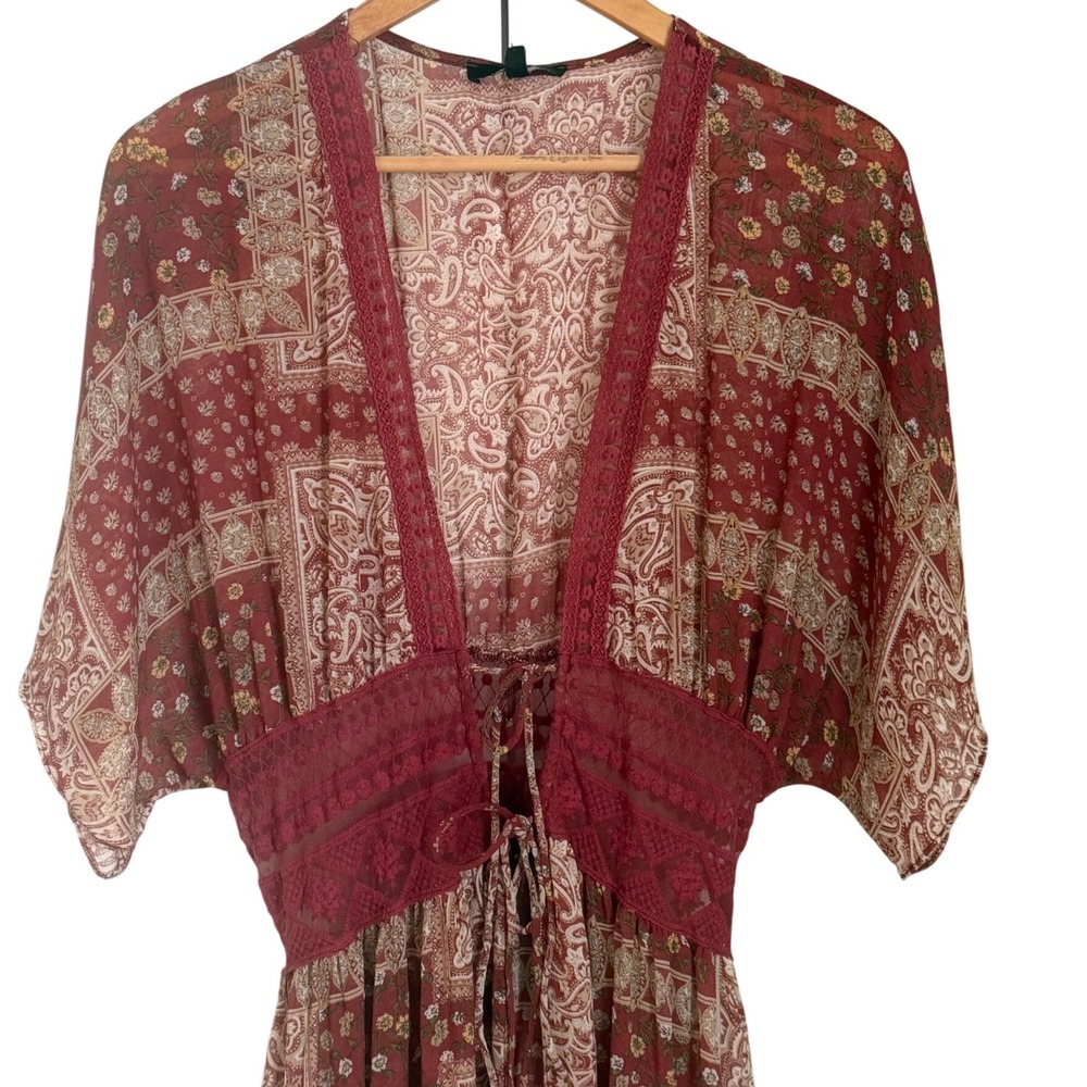 Boho Patchwork Paisley Duster Kaftan Womens L Burgundy Sheer Lace Festival NWT - Picture 3 of 12
